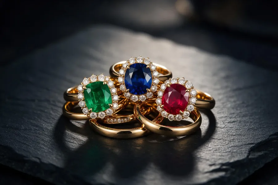 Coloured stones: sapphire, emerald and ruby