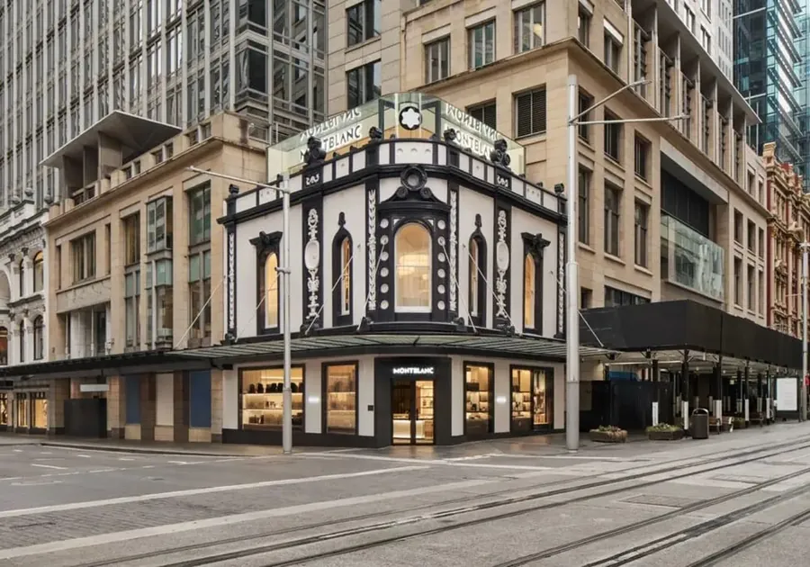Black and white façade of the Montblanc George Street flagship boutique in a 19th-century heritage building in Sydney