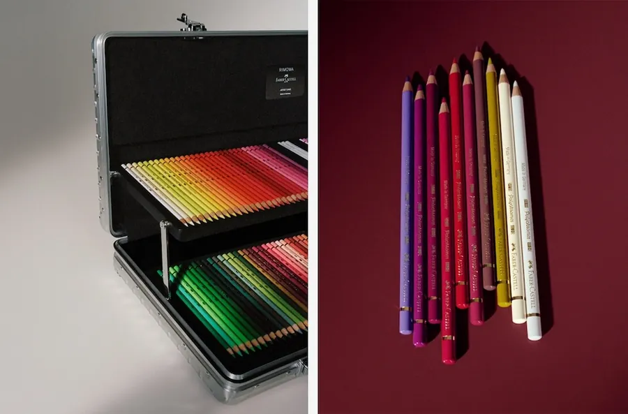 The opened RIMOWA × Faber-Castell Artist Case with its tray of coloured pencils, next to a bundle of Faber-Castell pencils